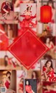 A collage of photos of a woman in a red dress.