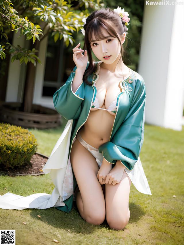A woman in a green and white kimono sitting on the grass.