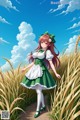 A girl in a green dress standing in a field of wheat.