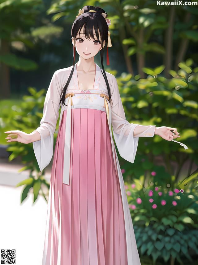 A woman in a pink and white dress standing in a garden.