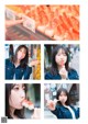 A collage of photos of a woman eating a strawberry on a stick.